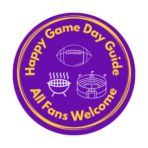 Happy Game Day Guide Logo. Happy Game Day guide on the top with football grill and staduim images and the words all fans welcome on the bottom.