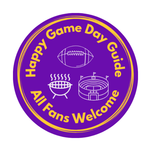 Happy Game Day Guide Logo. Happy Game Day guide on the top with football grill and staduim images and the words all fans welcome on the bottom.